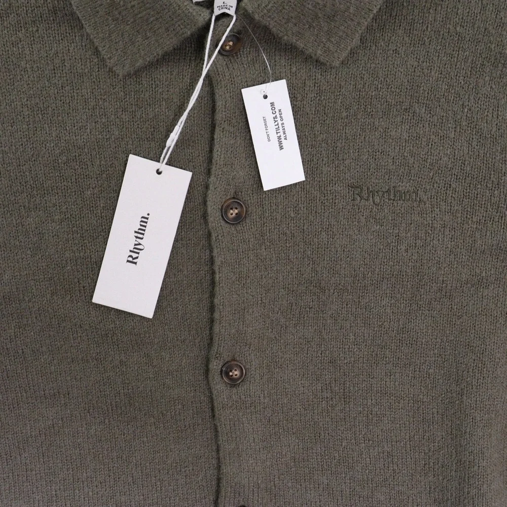Rhythm Button Up Knit Polo Sweater Mohair Wool Blend Olive Men L NWT